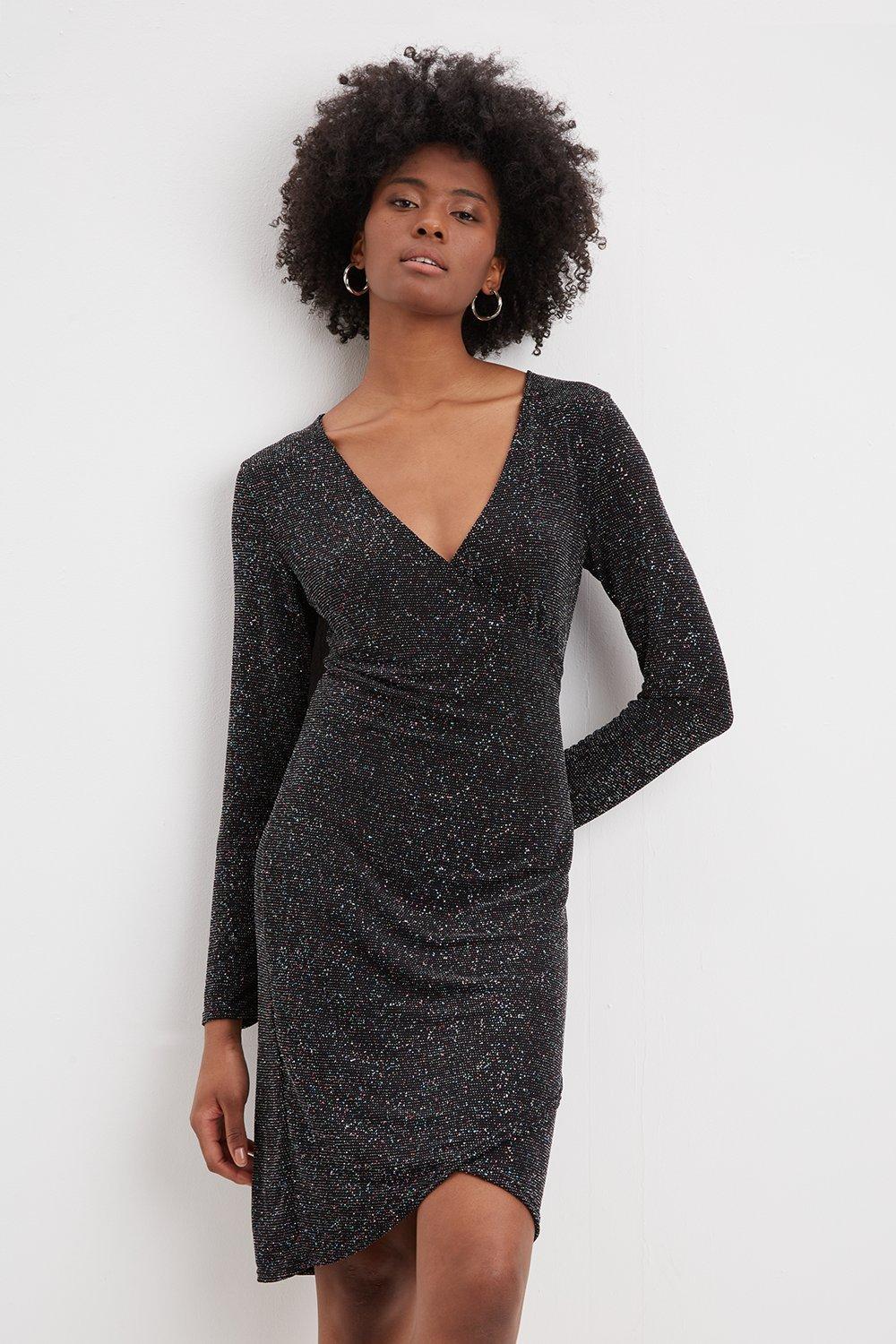 Tall Black Glitter Side Wrap Mini Dress ...